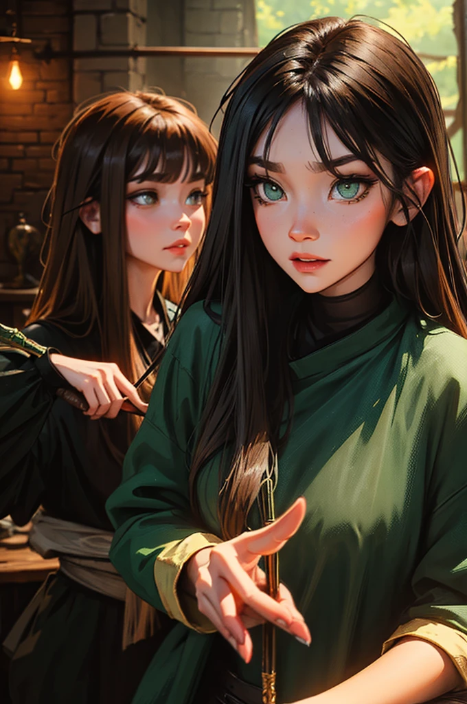 dungeons and dragons satyr. black and bronze ombre hair. dark green eyes. casual clothes.