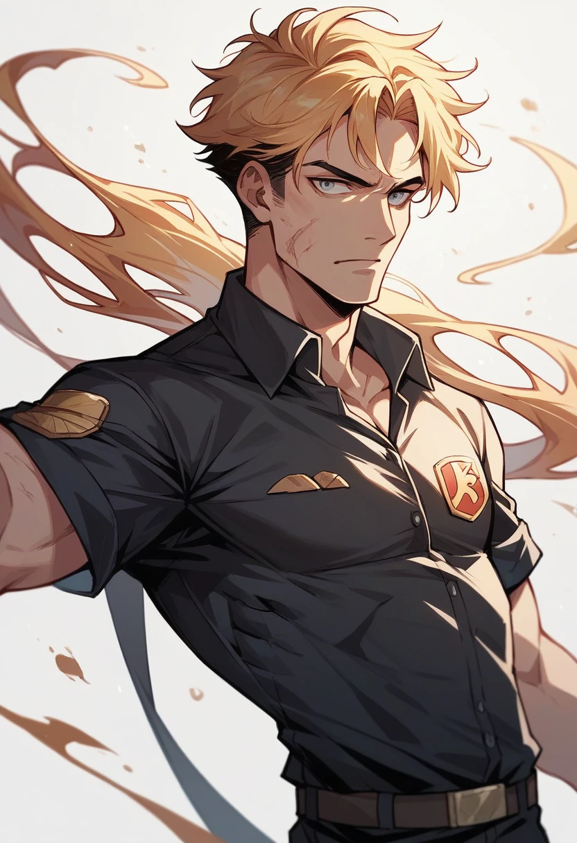 a black polo shirt, a golden scale of justice, the name Luan Ravier, with a white background image and the solo shirt