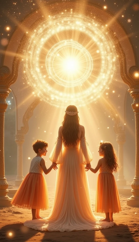 Magical Mom with her children, boy and girl surrounded by Light, portals of light, and sparks of light, colors in the image: beige, dorado, Brown, orange, white, pale pink, 