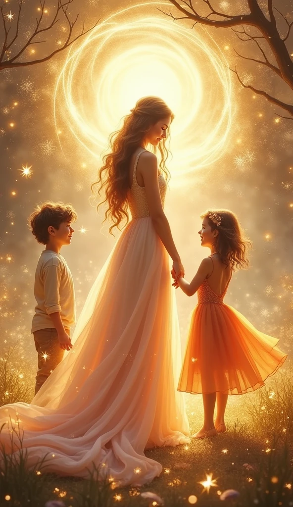 Magical Mom with her children, boy and girl surrounded by Light, portals of light, and sparks of light, colors in the image: beige, dorado, Brown, orange, white, pale pink,