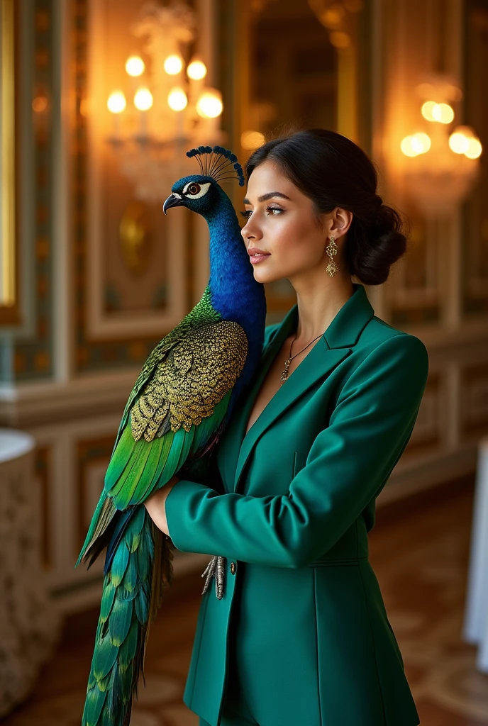 I need a women's suit over an elegant quetzal. , that it is comfortable to dance, Add details about the color of the quetzal and also gold that is not clothing.