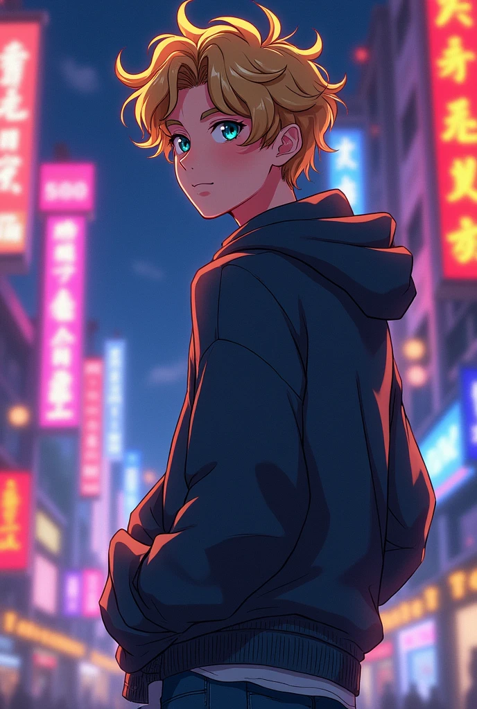 Boy in profile, tall and handsome, wavy dark blonde hair, his eyes are turquoise, wears clothes from the 2000s. anime style.