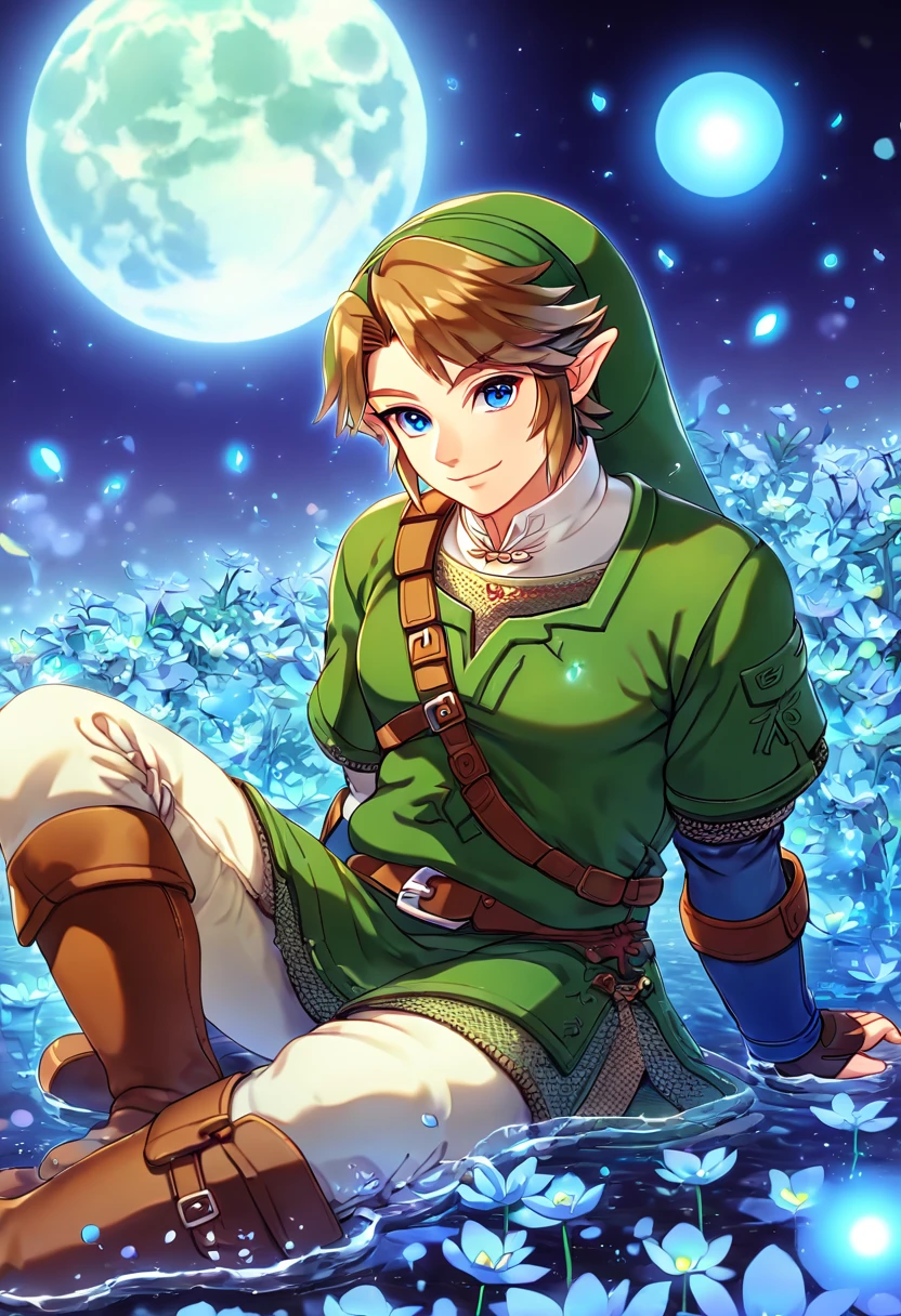 absurdres, highres, ultra detailed, HDR, master piece, Link, brown hair, expressive blue eyes, green tunic, green hat, The Legend Of Zelda (Twilight Princess), sexy man sitting, best quality, blue moon, flowers, fantasy, magical, sensual, handsome, water, blue shining fireflies, blue petals, manly man, detailed eyes_XL, solo, close up, handsome smile, brown boots, white pants