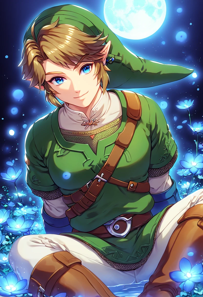 absurdres, highres, ultra detailed, HDR, master piece, Link, brown hair, expressive blue eyes, green tunic, green hat, The Legend Of Zelda (Twilight Princess), sexy man sitting, best quality, blue moon, flowers, fantasy, magical, sensual, handsome, water, blue shining fireflies, blue petals, manly man, detailed eyes_XL, solo, close up, handsome smile, brown boots, white pants