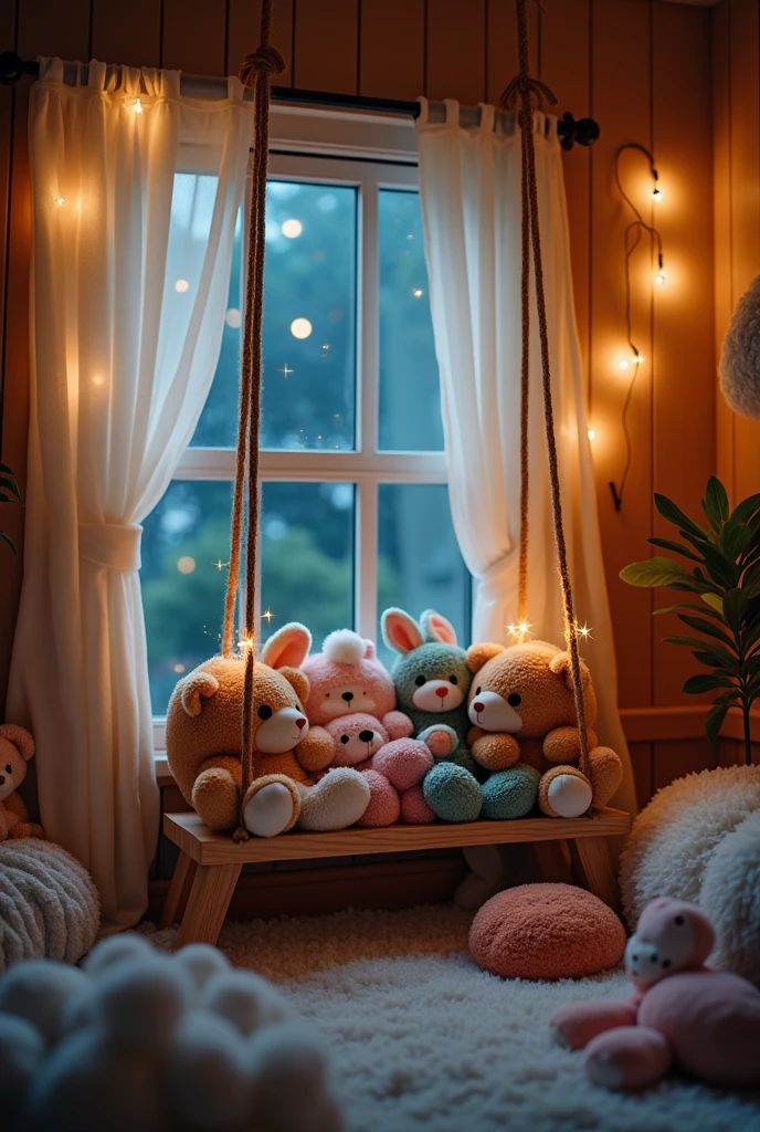 A room with a swing and many stuffed animals by the side at night