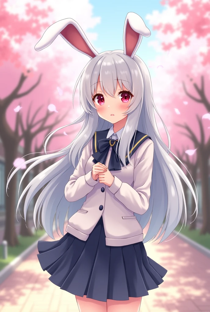 Anime girl with white hair and rabbit ears, red eyes, shy blush, school uniform