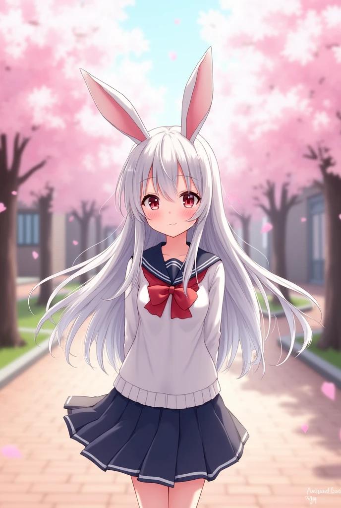 Anime girl with white hair and rabbit ears, red eyes, shy blush, school uniform