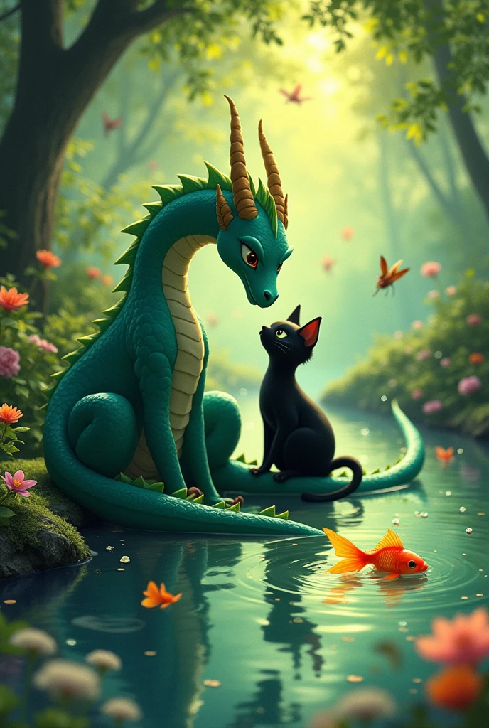 Interaction between a female dragon, a black cat and a female goldfish in the style of Studio Ghibli, tender. and 2d