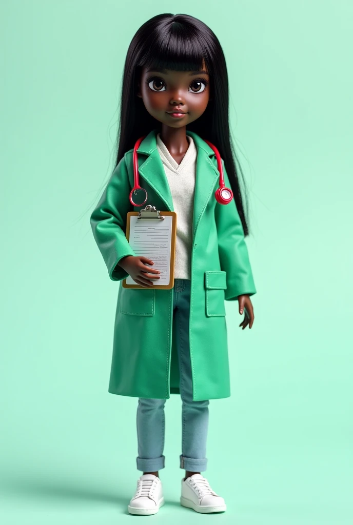 Create a black doll with straight black hair, black eyes, dressed in a green lab coat with a white robe, with a red stethoscope around the neck and a clipboard in her hand, wearing a white shoe on a high quality transparent background 
