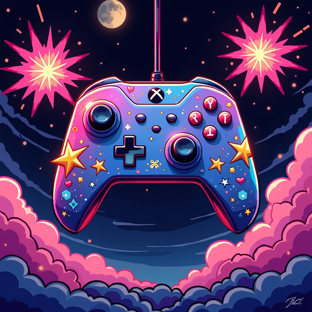 A design inspired by pop culture , featuring a stylized retro video game controller with pixel art details.