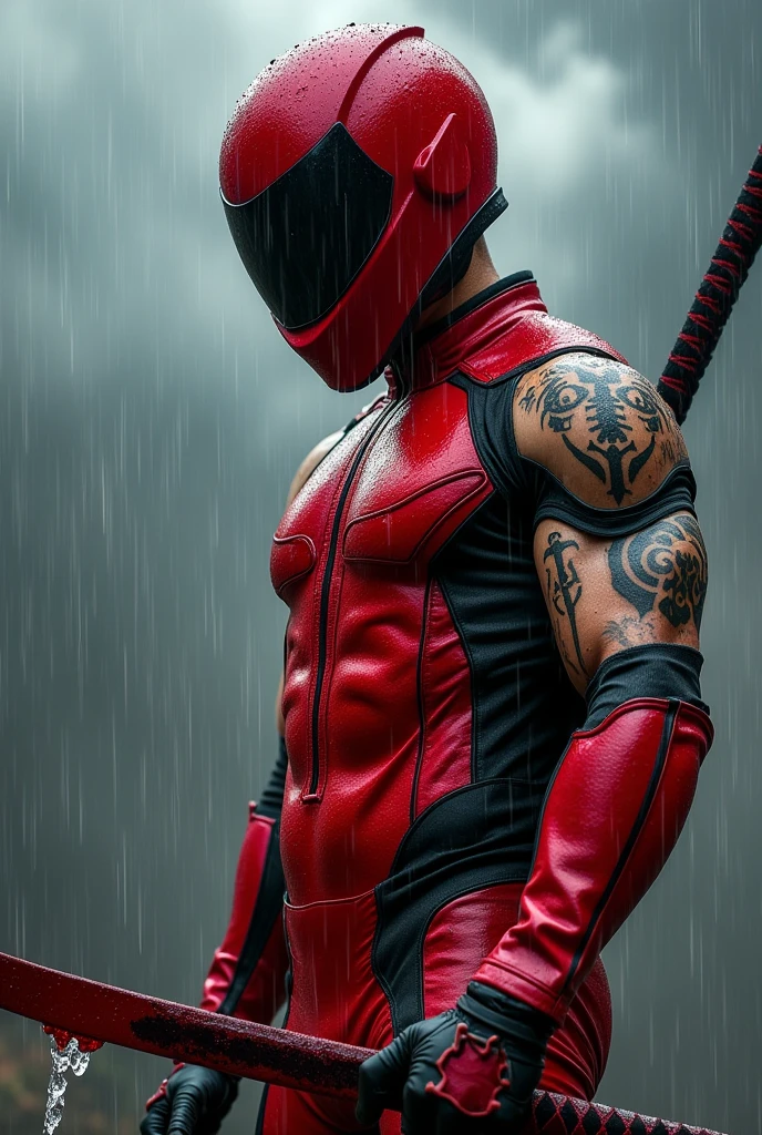 A superhero with a red motorcycle helmet on wearing his own unique red super hero suit with black stripes and cut off sleeves. His arms have many tattoos and he holds a red katana. he is standing in a rainy background