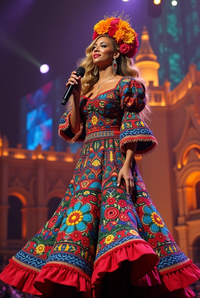 Beyonce dressed in traditional mexican dress, and a flowers headpiece holding a mic singing passionately in her stage of the renaissance world tour