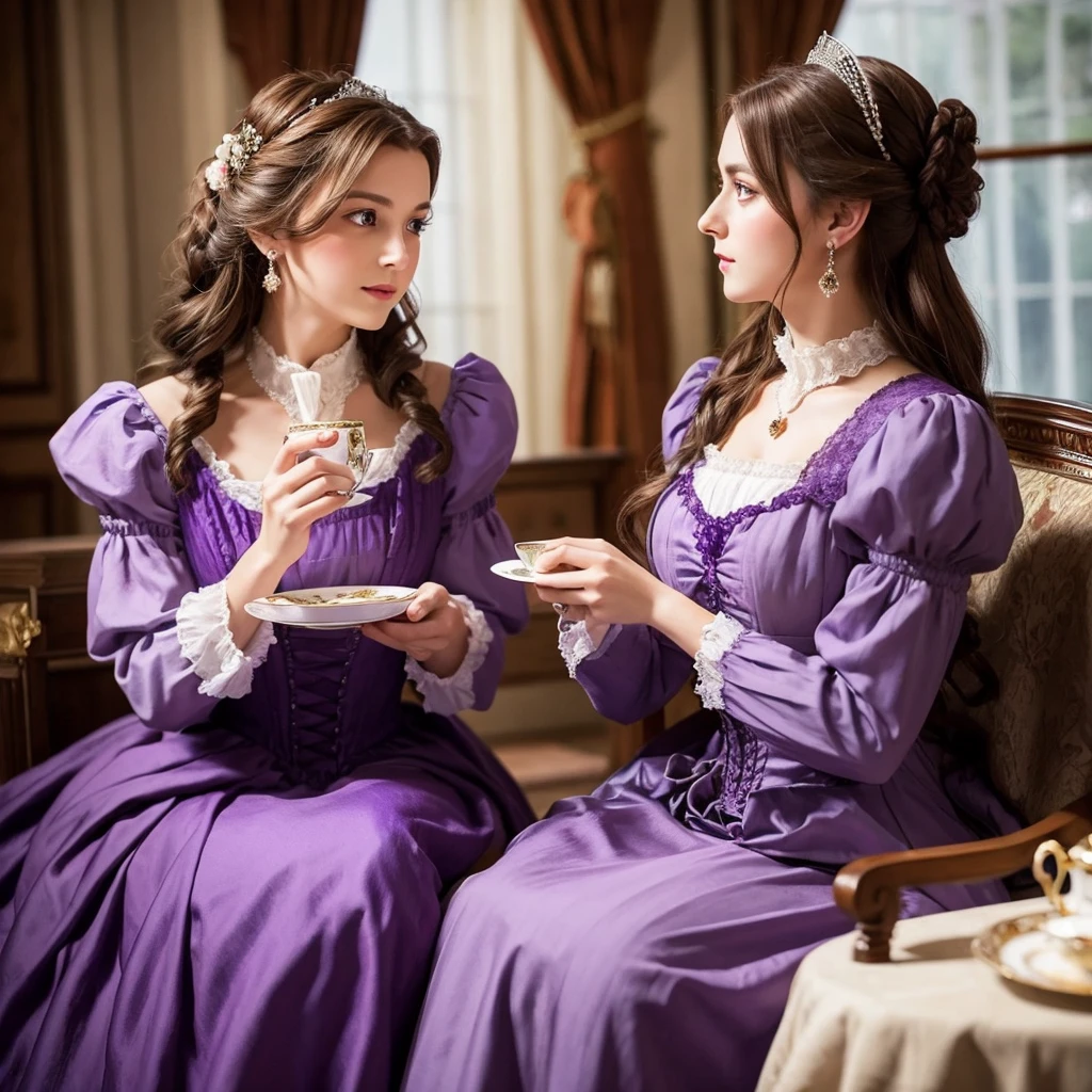 Brown haired woman, Purple eyes, Violet Dress, Victorian dress, Royalty, noble, Drinking tea with a woman
