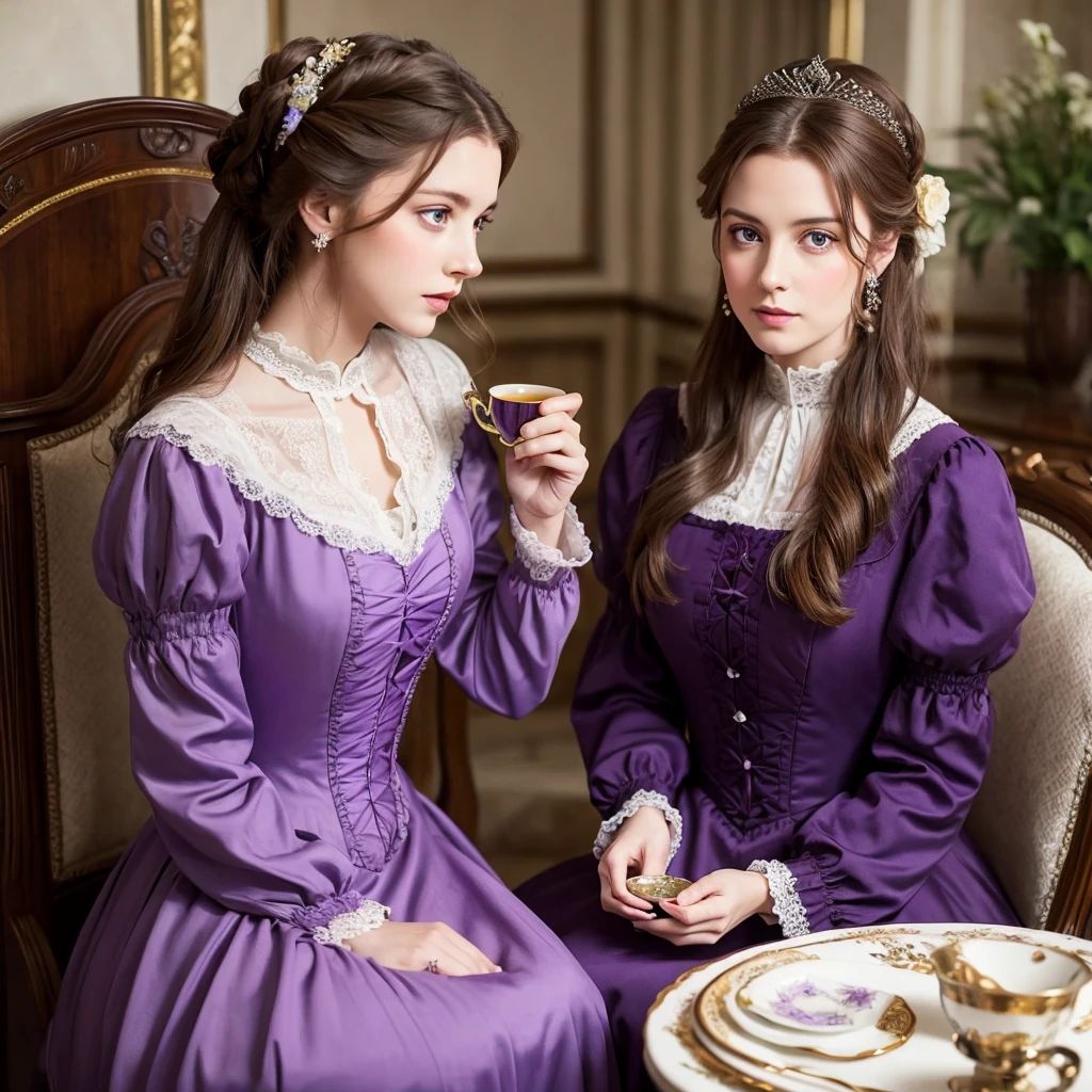Brown haired woman, Purple eyes, Violet Dress, Victorian dress, Royalty, noble, Drinking tea with a woman