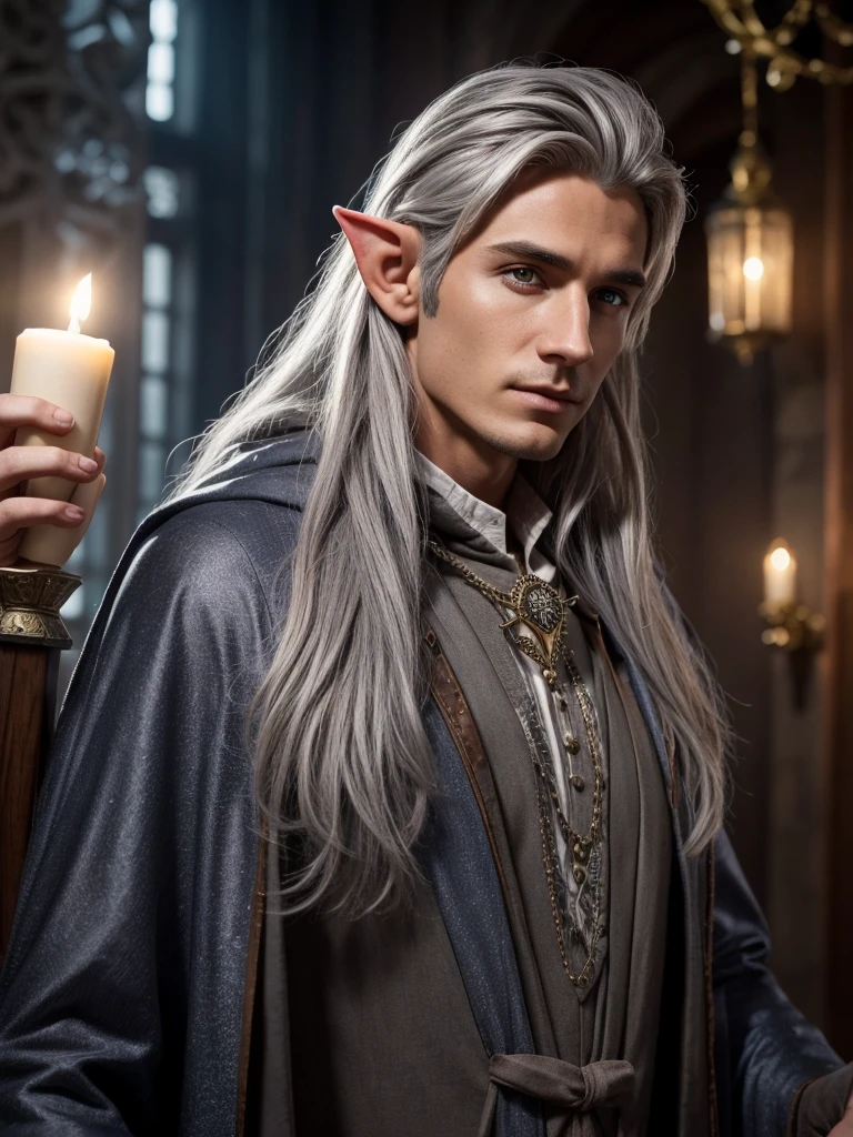 wizard, elf, male, magical, gray hair, in wizard clothes, man, beautiful, young, 25 years.