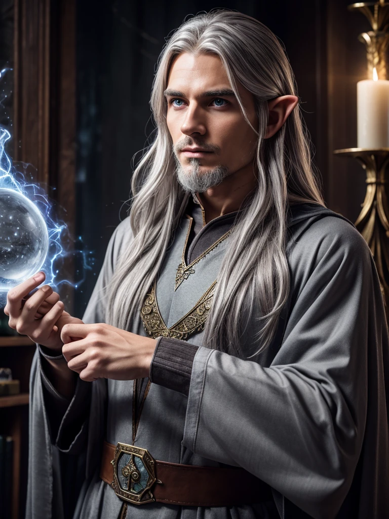 wizard, elf, male, magical, gray hair, in wizard clothes, man, beautiful, young, 25 years.