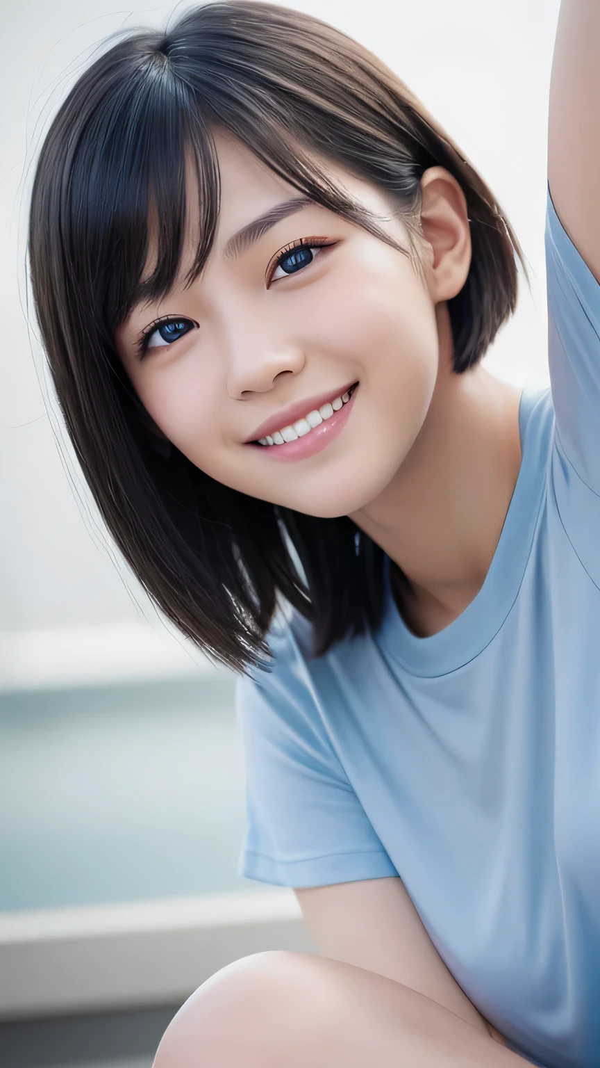 Highest quality、Realistic、、zoom、look up、cute、Light grey eyes、Black Hair、Very short hair、boyish、Light Blue T-Shirt、Bright smile、Face close-up、thin