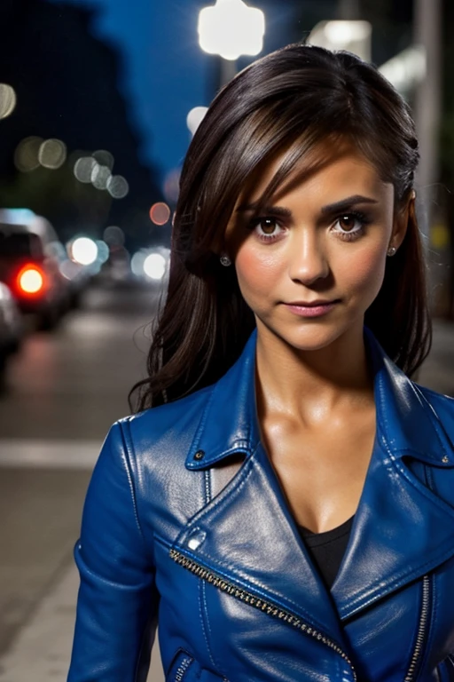 best quality, realistic, front pov, Nina Dobrev in a los angeles city street, (a female mexican supermodel), (sexy blue leather jacket:1.1), cleavage, seductive smile, (dark hair), (updo hair:1.0), perfect eyes, sharp details, detailed face, face makeup, cheeks blush, eyeliner, eyeshadows, lip gloss, supermodel, (deep focus), (hard lighting), (night time), (realistic lighting:1.0)