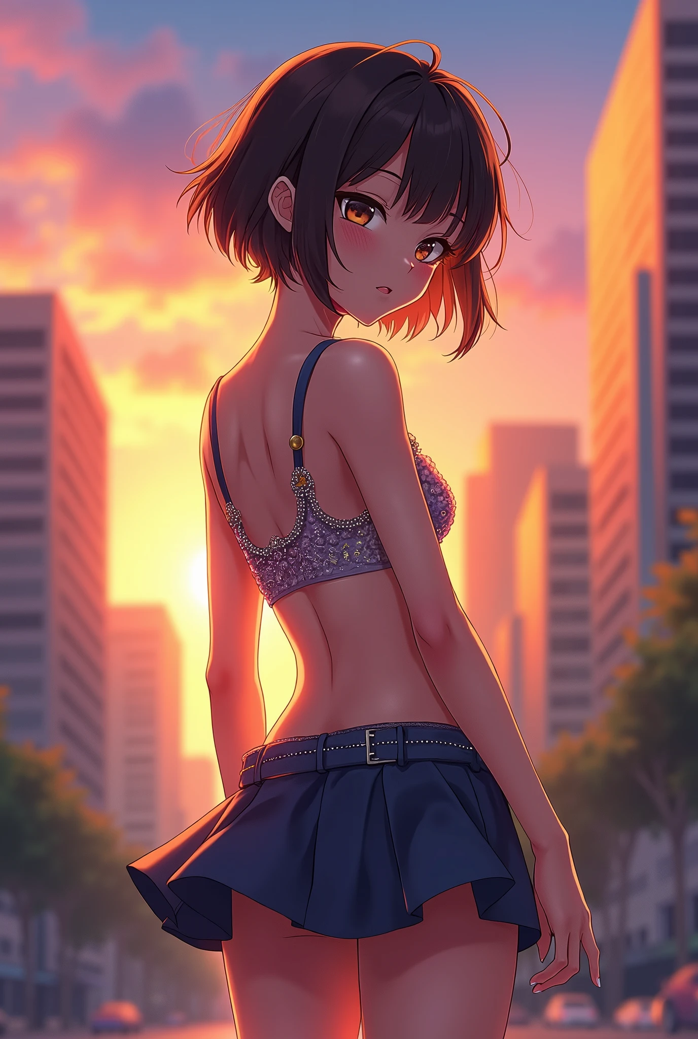  アニメ,shorth hair, flushed,brave face,skirt short,exposed bra