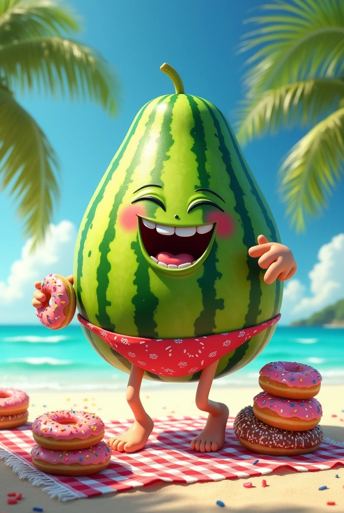 Create a watermelon in a bikini, eating donuts and with big legs