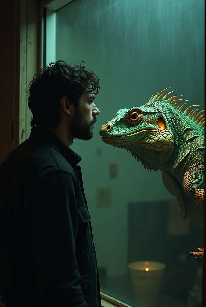 A man looking through a window, with the reflection of a reptile superimposed on the glass.