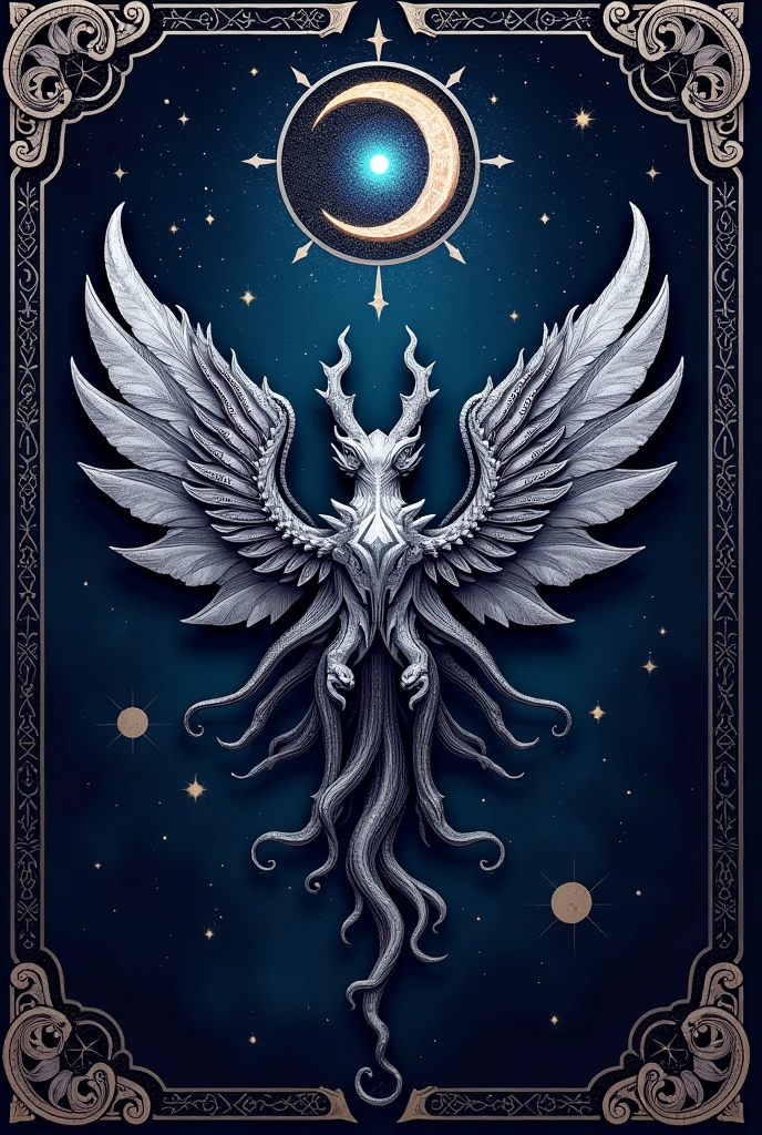 "Design a dark, mystical banner background with deep blues and purples, representing the nightfall. The background should have subtle, starry patterns or cosmic elements, evoking a sense of vastness and mystery."
"Create a heraldic-style creature for a flag, inspired by cosmic horror. The creature should have tentacles, multiple eyes, and wings, combining elements of traditional European heraldry with an otherworldly, terrifying presence. The creature should be in a metallic color like silver or gold, contrasting against a dark, twilight background."
"Add intricate borders to a flag design, featuring patterns reminiscent of ancient runes or arcane symbols. The borders should frame a central creature, enhancing the mystical and dominant theme of the 'Enclave of Nightfall Dominion.' The color of the borders should complement the dark background and metallic creature."
"Create a central emblem for a flag, symbolizing dominion and power during the night. The emblem should feature a combination of a cosmic eye and a crescent moon, surrounded by dark, ethereal flames or shadowy tendrils. The design should be bold and stand out against a starry, twilight background."
"Design a complete flag that represents 'Enclave of Nightfall Dominion.' The flag should have a dark background with subtle star patterns, a central creature that embodies cosmic horror and dominion, and ornate borders with ancient symbols. The overall design should evoke power, mystery, and the unyielding presence of the night."