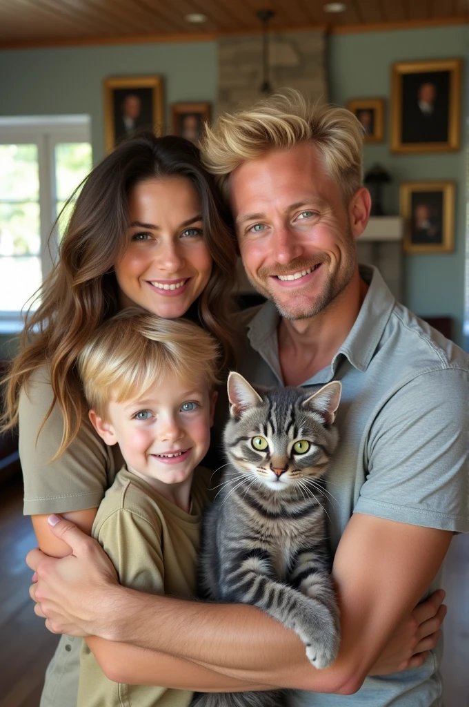 Family with 2 boys, blonde hair, green eyes. One boy is slightly taller. Mother has brown hair, green eyes. Father has blonde hair, blue eyes, with a small grey cat.