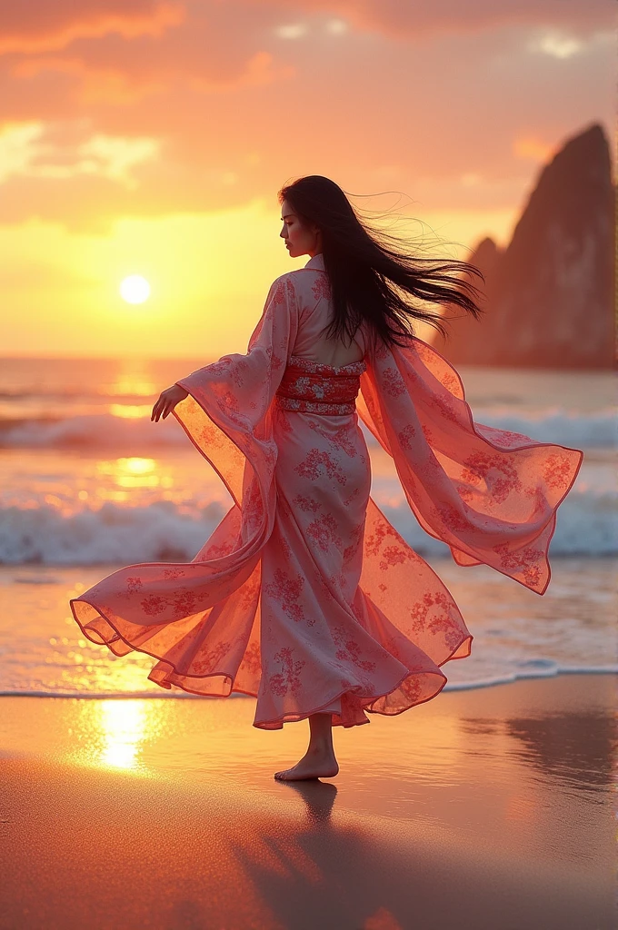 A Japanese woman dancing on a beach