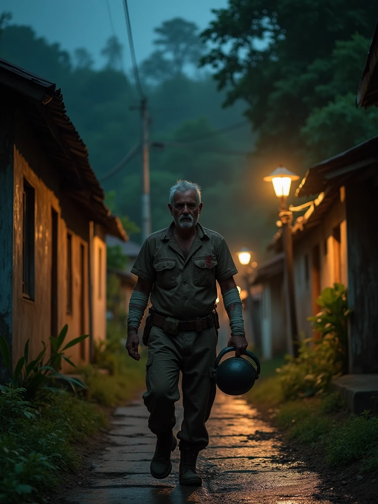 A middle-aged man, weary and wounded, walks through the narrow, cobblestone streets of a small Amazonian town at night. He wears rugged work clothes, dirt-stained and torn, with a miner's helmet loosely hanging from his hand. His arm is bandaged, with blood seeping through from fresh cuts, and his face shows a mix of exhaustion and relief as he approaches his modest, wooden house. The town is quiet, illuminated by the faint glow of street lamps, with the dense, dark forest looming at the edges. The atmosphere is tense, with the man casting wary glances over his shoulder as he finally nears the safety of his home.