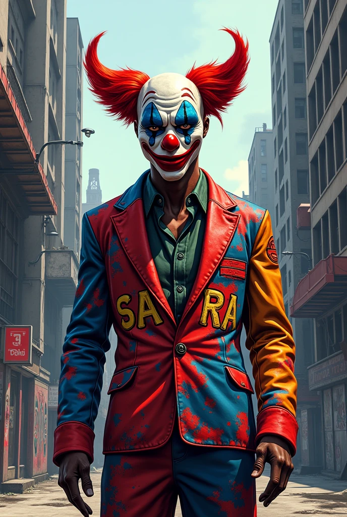 Front image with GTA RP character wearing a clown mask, with graffiti style printed clothing with the words Santora RP written on it, with the backdrop of a city in shades of gray and red,