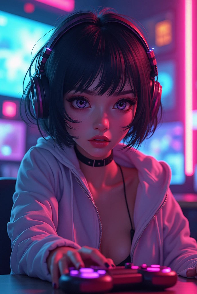 Anime style woman with large breasts, short hair, sensual, gamer, streamer, white, beautiful