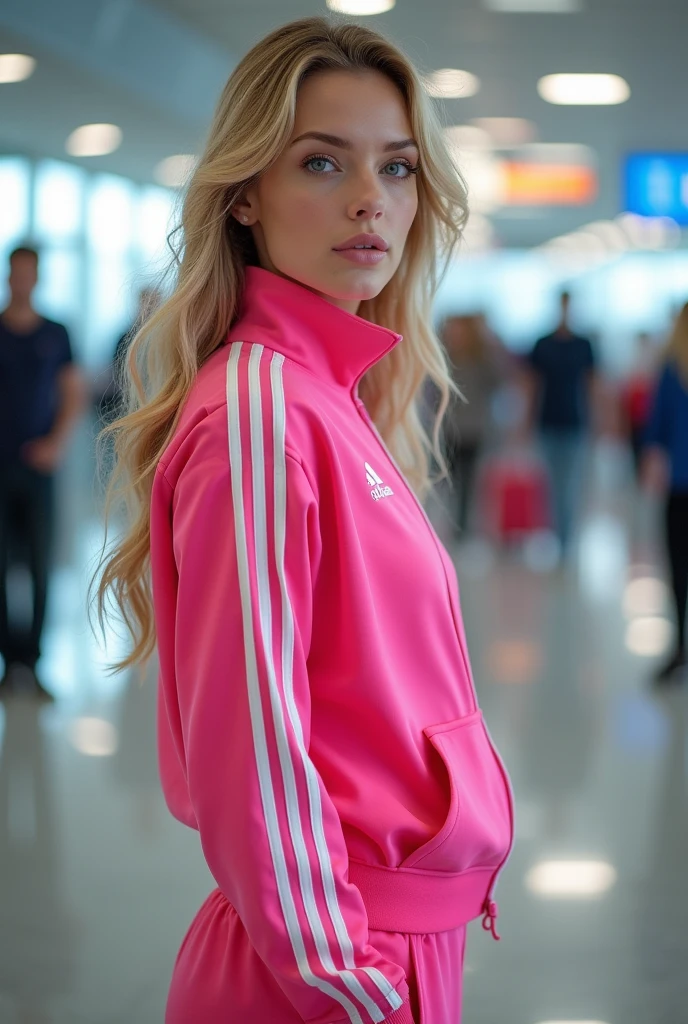 Beautiful 24 year old blonde girl with blue eyes and big breasts at the airport wearing a pink adidas tracksuit extremely detailed, realistic, photorealistic, high quality, 4k, 8k, masterpiece, ultra detailed, vivid colors, HDR, studio lighting, sharp focus, physically based rendering, professional portrait