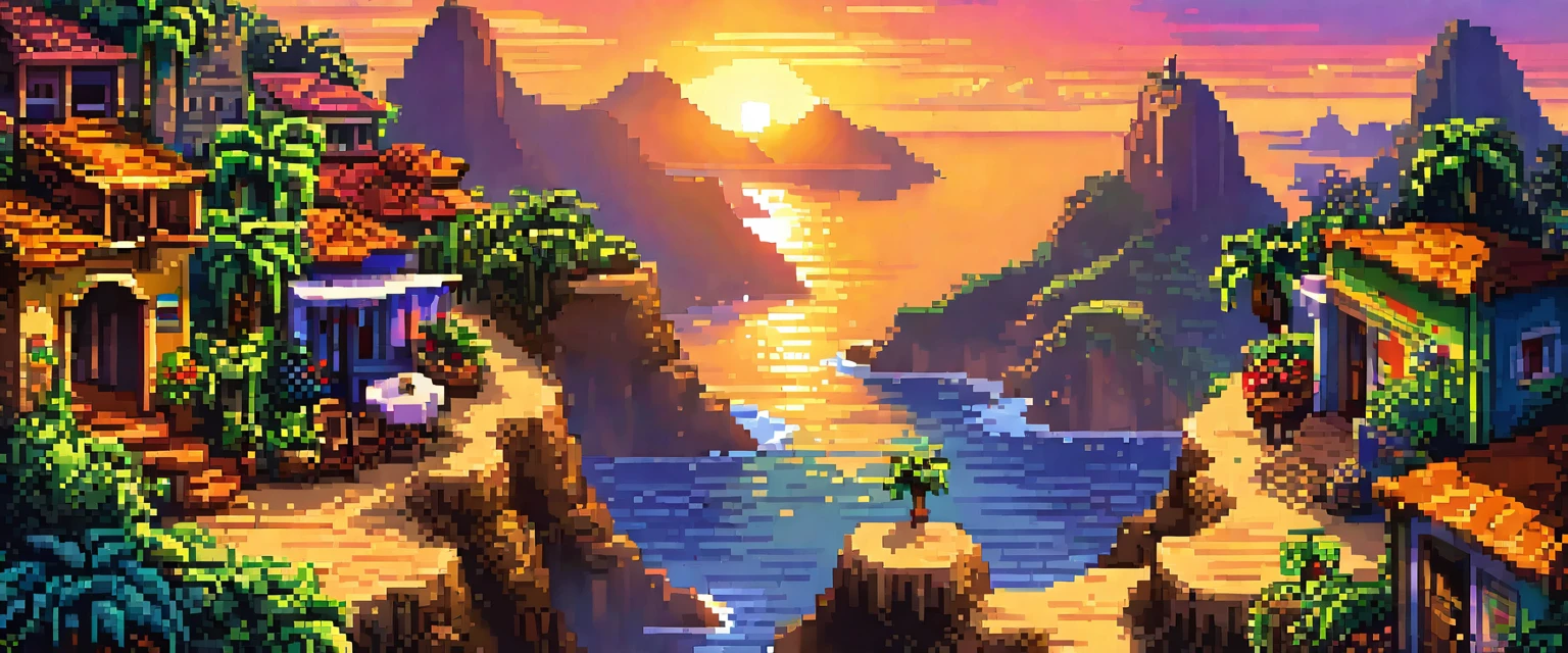 retro vintage game, brazil, classic 8-bit pixelated video game, sunset, Thu, detailed pixel art, detailed environmental elements, highly detailed pixel city design, beautiful vivid colors, Immersive atmosphere, small details, nostalgia, (best qualityer, swirly vibrant colors, 8k, high resolution, work of art:1.2),ultra detali,(realisitic,photorealisitic,photo-realisitic:1.4),studio lighting,extremely detailed pixel art,extremly detailed face and eyes,extremely detailed pixel textures,incredibly intricate pixel-level detail,striking colors,swirly vibrant colors,lush pixel environment