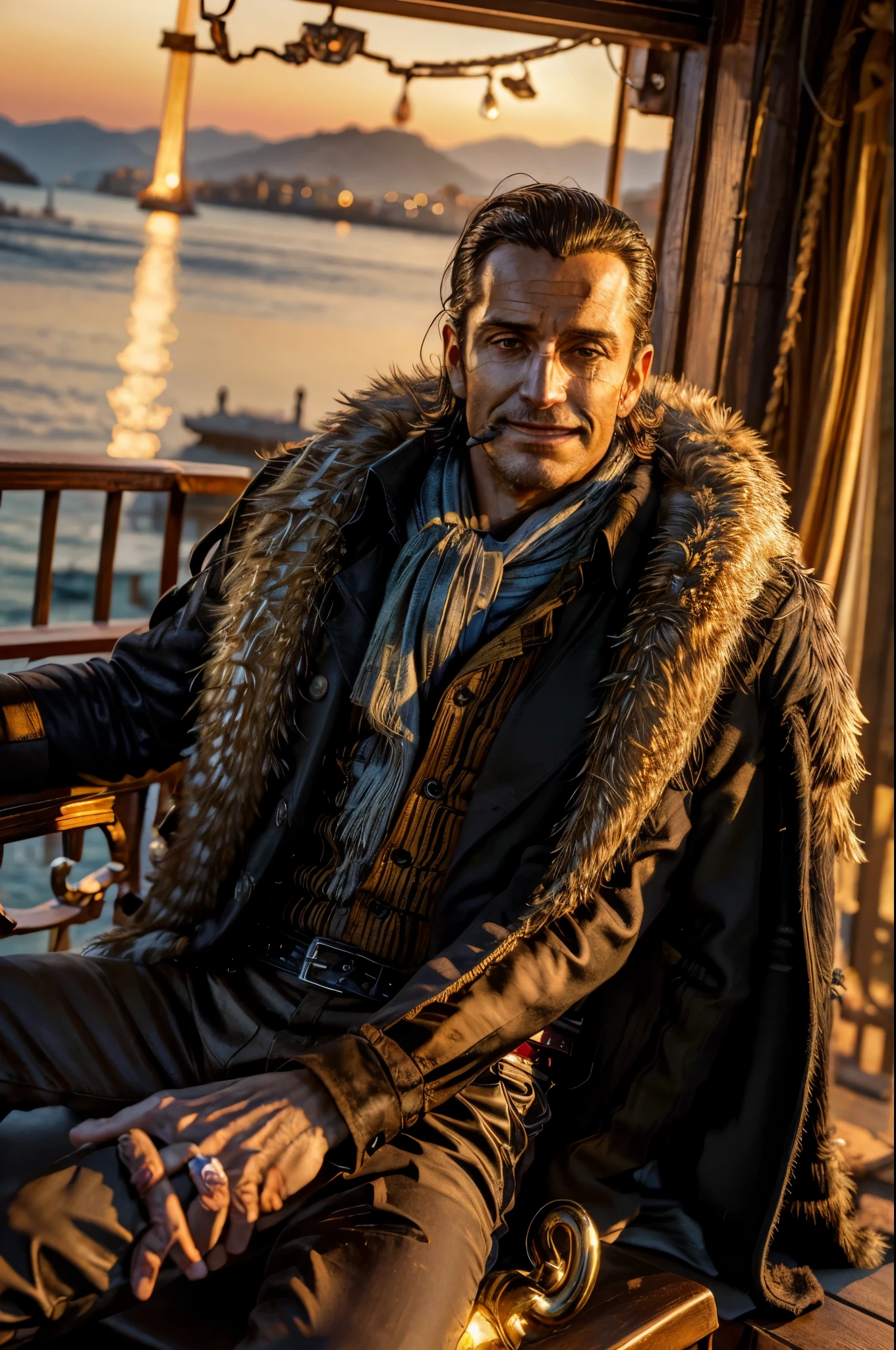 masterpiece, best quality, extremely detailed, hyperrealistic, photorealistic, a cool 40s man, ultra detailed face:1.2, fur-trimmed coat, scarf around the neck, his left hand is a golden pirate hook, cigar, in the night:1.3, seaside hotel, terrace, wine:1.2, sly smile, dynamic pose, sitting, warm hue, warm tone, lamp light