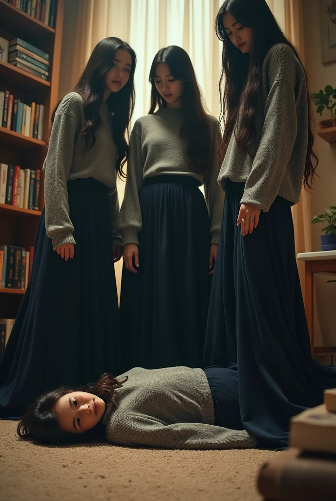 Group of giant girls in long dark skirts and grey sweaters looking at me lying on the floor