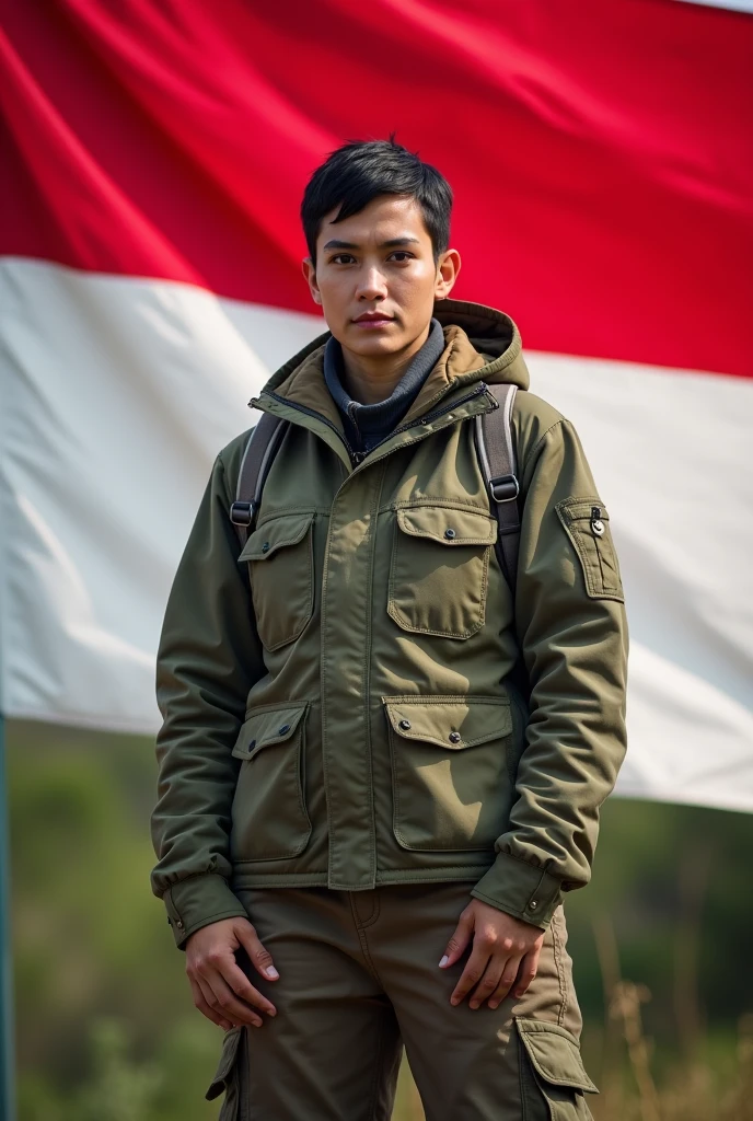 jewish woman, black short hair, masculine face, straight focus, outdoor outfit, in front of Indonesia flag, square photo