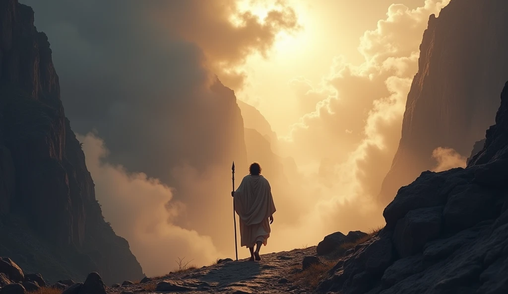 A scene showing Moses heading to Mount Sinai to receive revelation, with thick clouds and a sacred atmosphere.