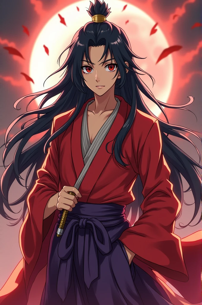 Make a boy with long hair like Yoriichi, com kimono roxo e Haori roxa, in an anime form based on Demon Slayer, What is a Moon Breathing user hunter, adult man 