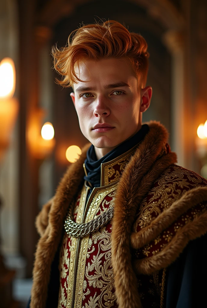21 year old handsome man, a tough but handsome profile, whitish skin, copper blonde hair and well combed, amber eyes, unfriendly face, in a king's outfit.
