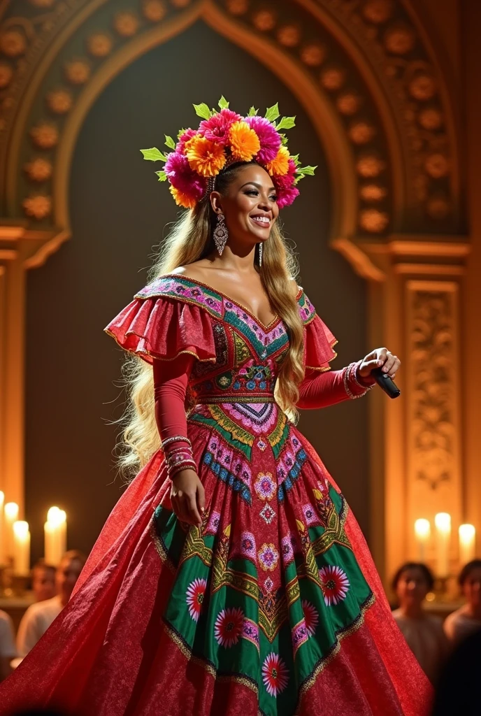 Beyonce dressed in traditional mexican dress, and a flowers headpiece holding a mic singing passionately in her stage of the renaissance world tour