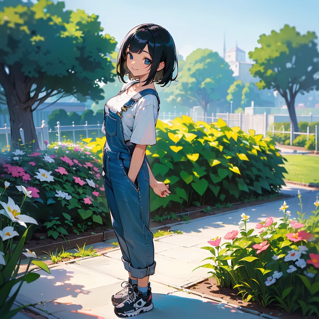 (high quality, High resolution, Very detailed, reality:1.37), Peaceful atmosphere, (Outdoor, garden), age girl standing alone, (my breasts are big.), Beautiful details, Cute Smile, (Black bob hair), Short sleeve shirt, Overalls, Blue socks, sneakers.