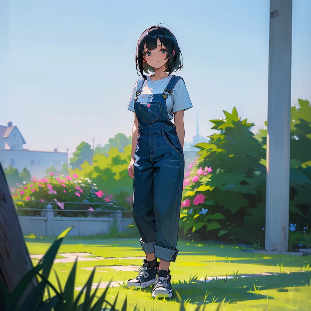 (high quality, High resolution, Very detailed, reality:1.37), Peaceful atmosphere, (Outdoor, garden), Teenage girl standing alone, (my breasts are big.), Beautiful details, Cute Smile, (Black bob hair), Short sleeve shirt, Overalls, Blue socks, sneakers.