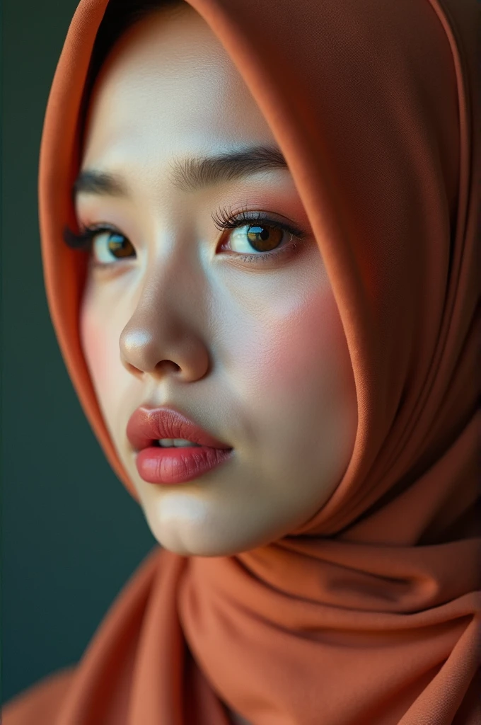 Realistic photo a malay woman,wearing dress and long hijab,wearing glasses, look from side, hyperrealistic, masterpiece, sweet ekspresion, melancholy , closeup photo, bright eyes, y lips, detailed makeup, detailed eyes cornea, wearing hijab no hair looks, blush pink cheek