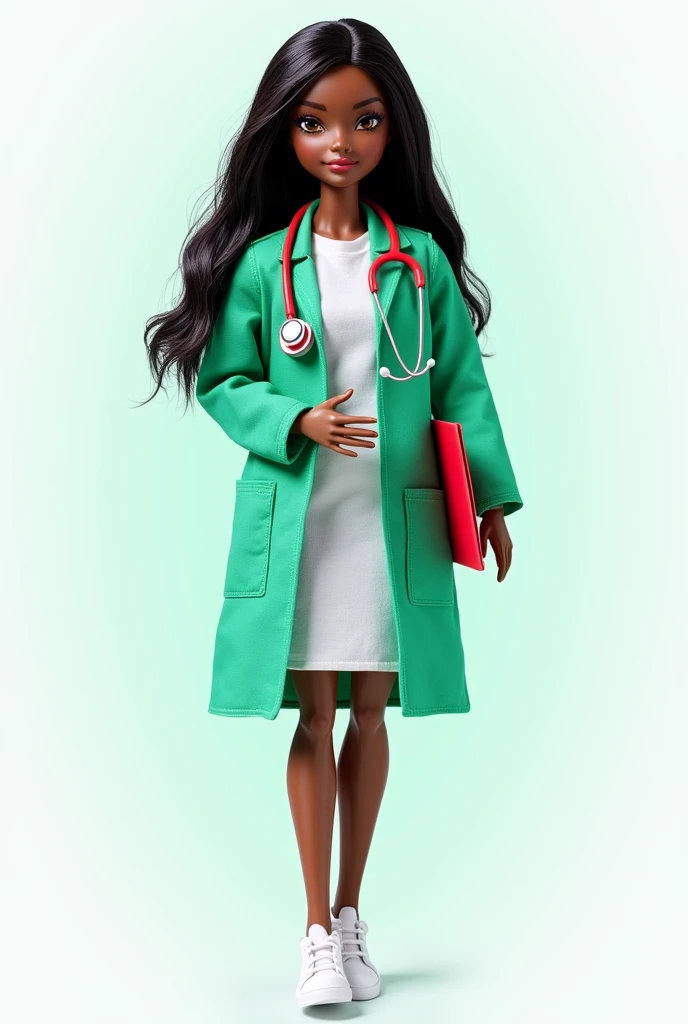 Create a Black doll with straight black hair reaching her shoulders, black eyes, wearing a green lab coat over a white gown with a red stethoscope around her neck and a clipboard in her hand, wearing white shoes. High quality, transparent background. 