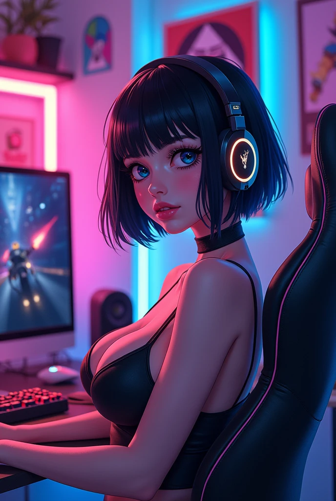 Anime style woman with large breasts, short hair, sensual, gamer, streamer, white, beautiful 