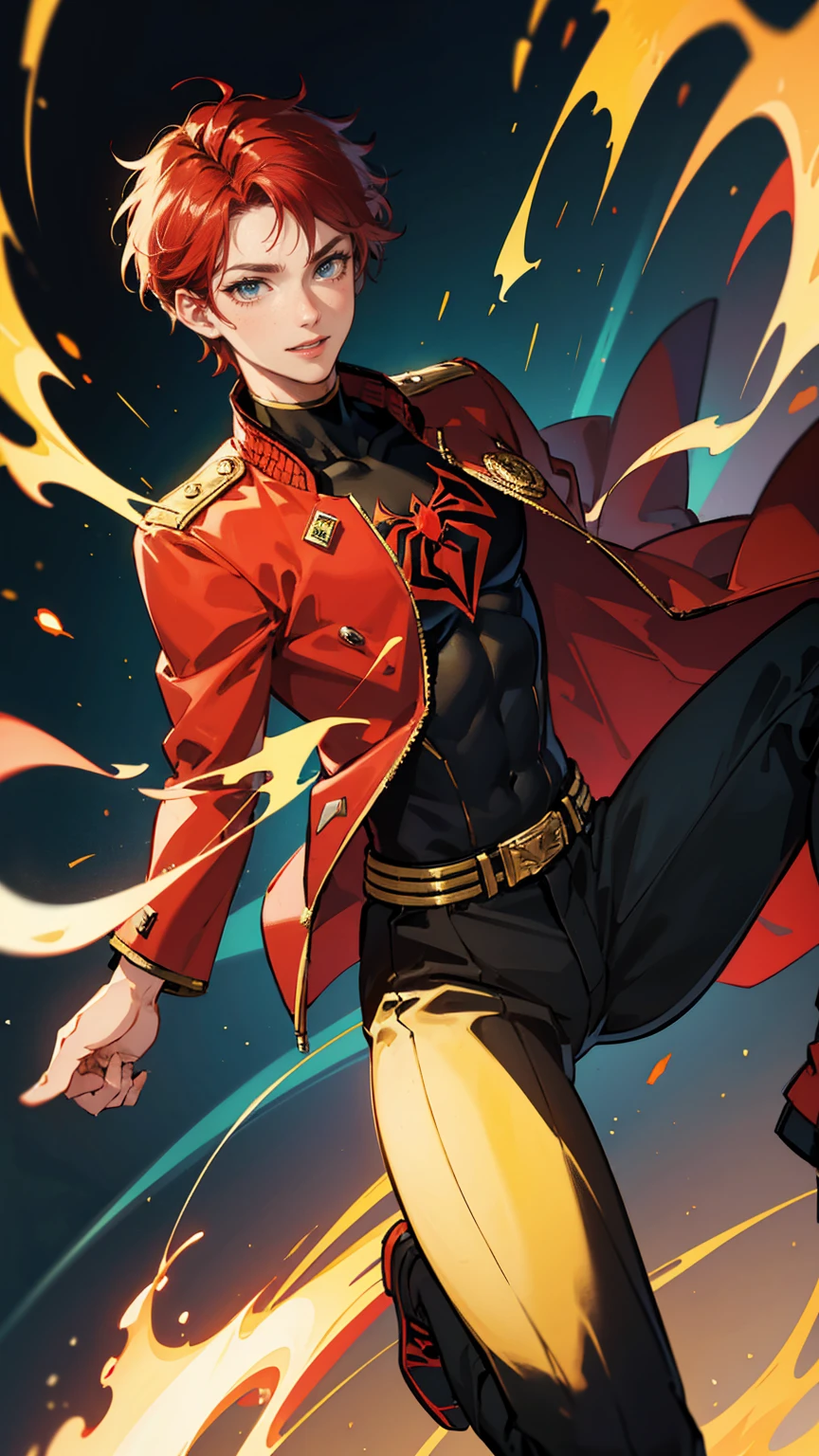 1 man, boy hair, short hair, red hair, red jacket sweatshirt jacket, green eyes, white t-shirt, black pants, (masterpiece), best quality, expressive eyes, perfect face, bright eyes, fullbody, proud smile, cards in hand,best quality, perfect eyes, ultra-detailed, eye shadow, eyeliner, mascara, look at the viewers, sequins ,manhwa,, marvel superhero, golden aura, spiderman suit 