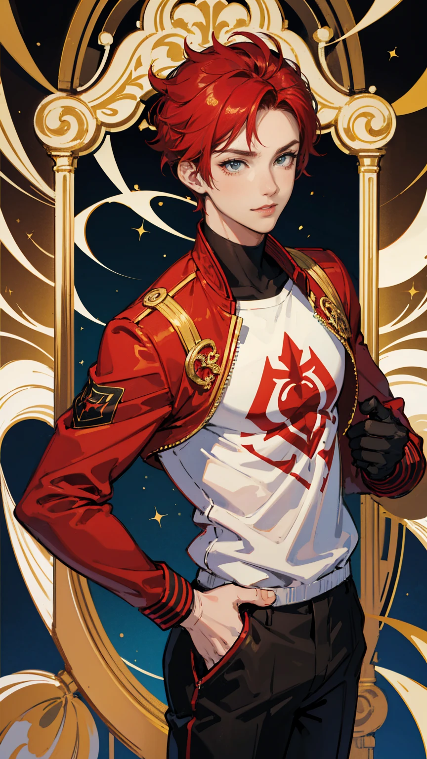 1 man, boy hair, short hair, red hair, red jacket sweatshirt jacket, green eyes, white t-shirt, black pants, (masterpiece), best quality, expressive eyes, perfect face, bright eyes, fullbody, proud smile, cards in hand,best quality, perfect eyes, ultra-detailed, eye shadow, eyeliner, mascara, look at the viewers, sequins ,manhwa,, marvel superhero, golden aura, spiderman suit 