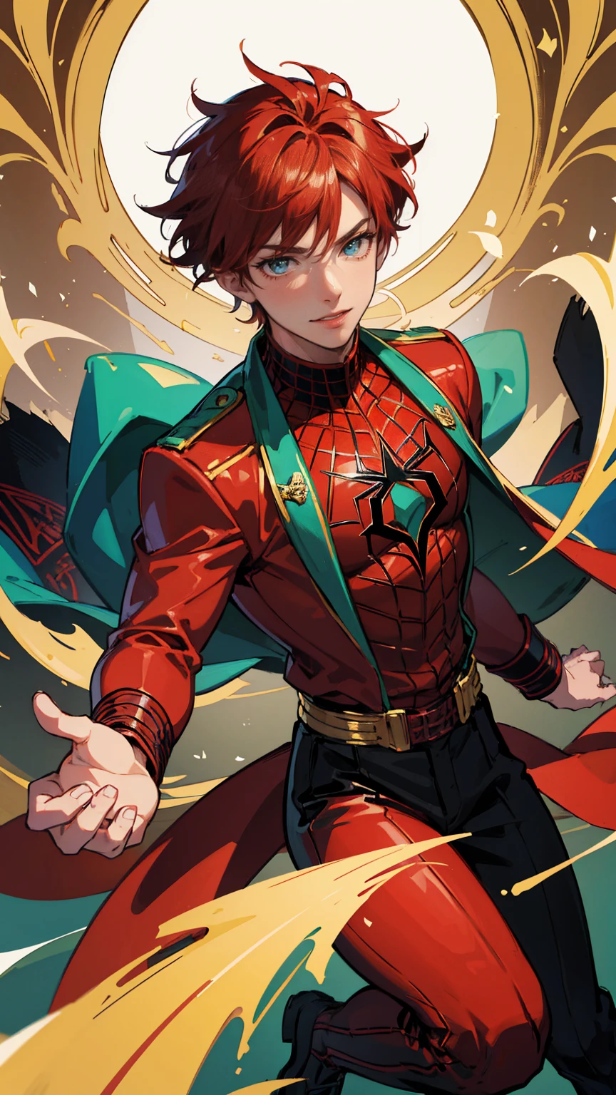 1 man, boy hair, short hair, red hair, red jacket sweatshirt jacket, green eyes, white t-shirt, black pants, (masterpiece), best quality, expressive eyes, perfect face, bright eyes, fullbody, proud smile, cards in hand,best quality, perfect eyes, ultra-detailed, eye shadow, eyeliner, mascara, look at the viewers, sequins ,manhwa,, marvel superhero, golden aura, spiderman suit