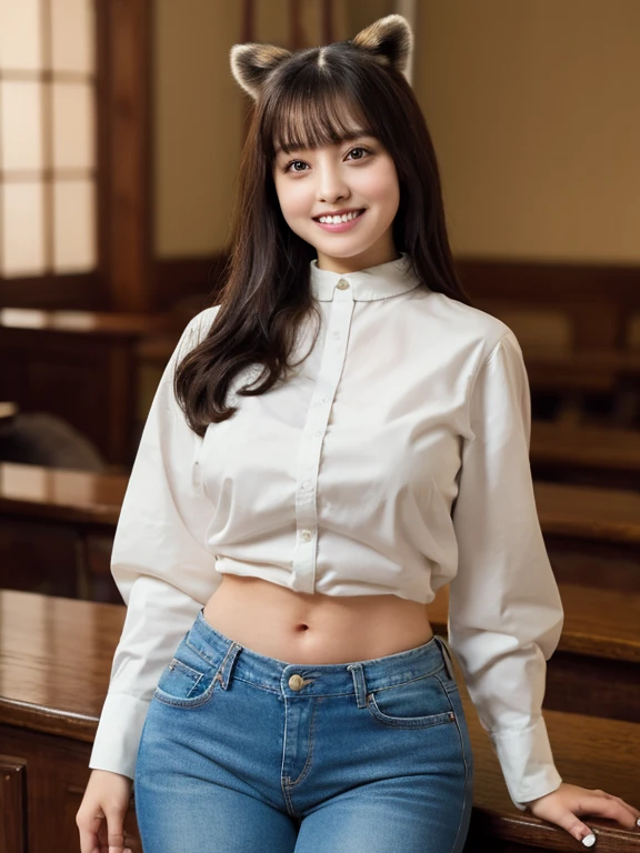 ((Highest quality, 8k)), ((masterpiece)), (Highest Resolution), Perfect Face, Raccoon-eared woman, Female college student, Beautiful woman, public, One tail, she has thick thighs, Big raccoon tail, She has a brown raccoon tail, She wags her tail, Laugh with your teeth showing, Fur collar, She is wearing a shirt and jeans., Beautiful Hips , The raccoon tail sticks out of her , Big B
