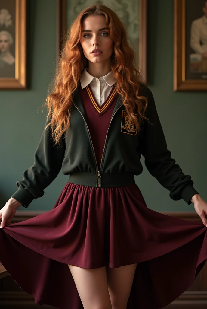 (photorealism:1.2), Woman resembling Emma Watson in her character as Hermione Granger, dressed in the Hogwarts uniform. Lifting her skirt and blouse. In a pornographic pose